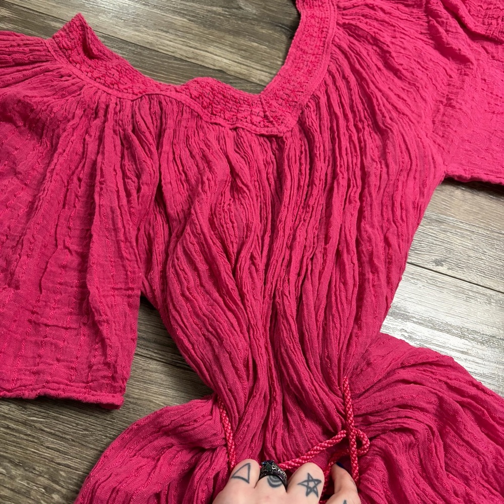 90s does 70s Greek Vintage Cotton Crinkle Midi Maxi Dress w Tie (Pink) O/S M-XL - Picture 6 of 7
